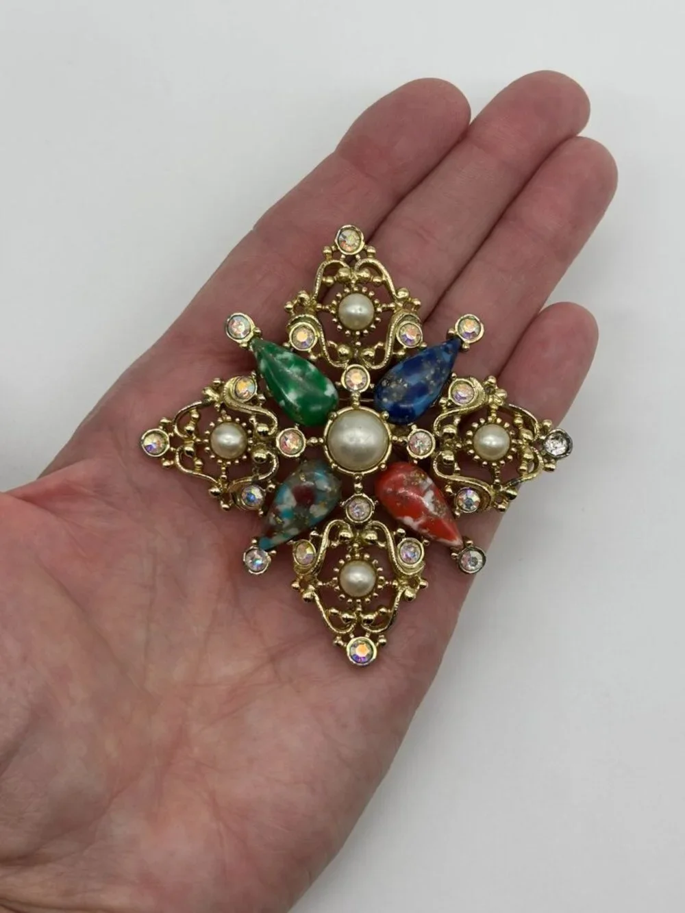 Vintage Sarah Coventry Galaxy Brooch Pendant Gold Tone Resin With AB Rhinestones